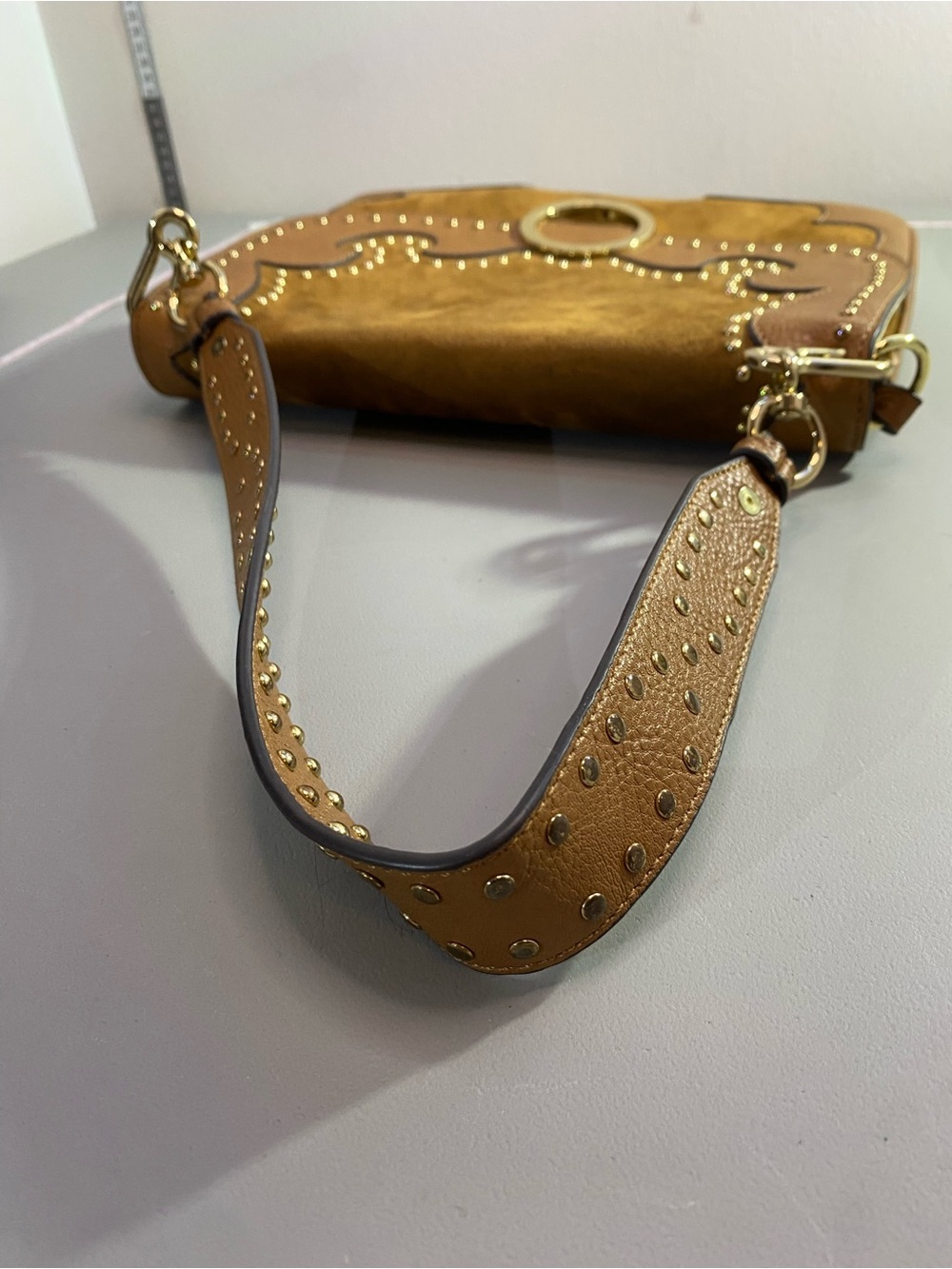 Aldo Tan Suede & Leather Shoulder Bag with Gold Ring Accent - Picture 7 of 16